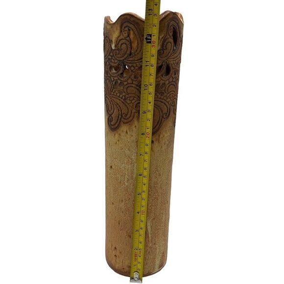 Decorative Vase 13" Stoneware Etched Floral Flowers Neutral Boho Bohemian Tall - Picture 7 of 8